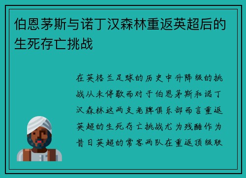 伯恩茅斯与诺丁汉森林重返英超后的生死存亡挑战
